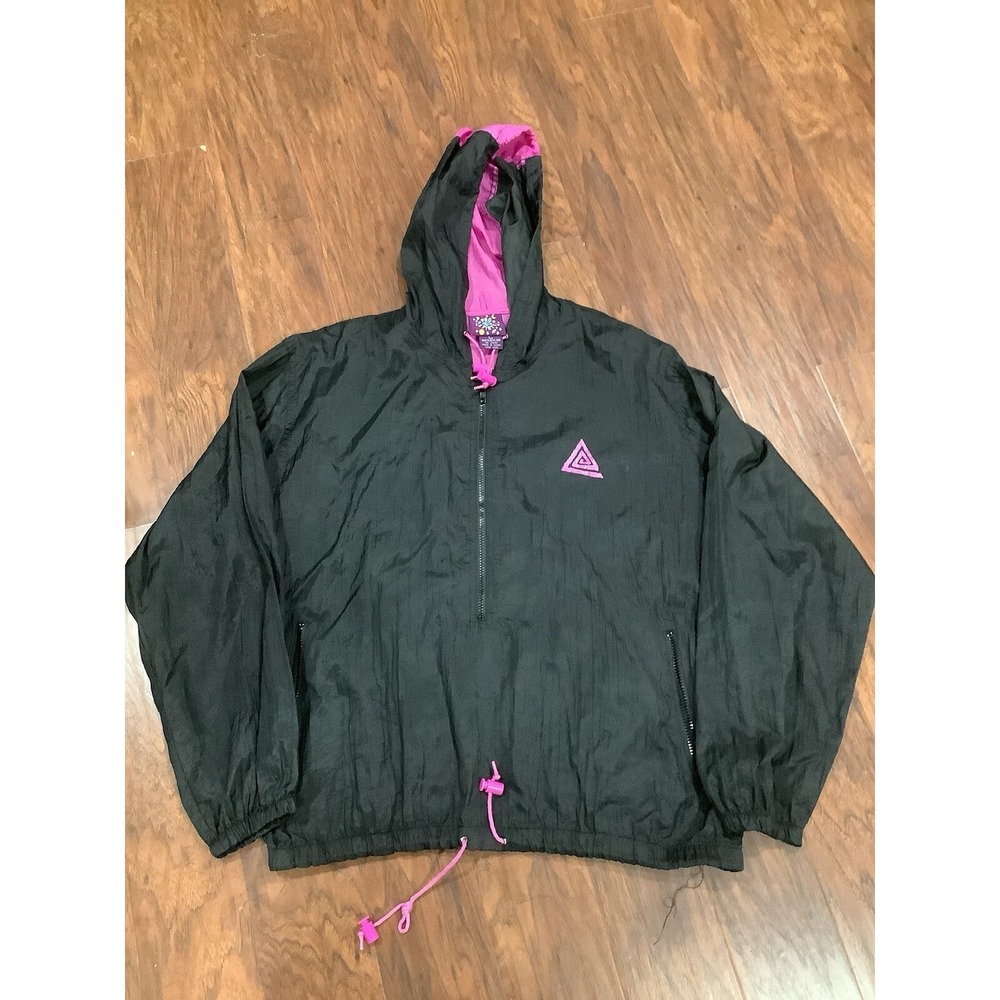 Pro Spirit Windbreaker Mens L Black Full Zip Hooded Rain Jacket Vintage 90s